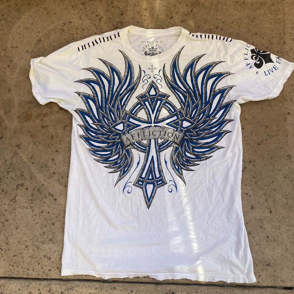 Vintage Affliction Cross Wings Shirt Size L Double Sided White/Blue